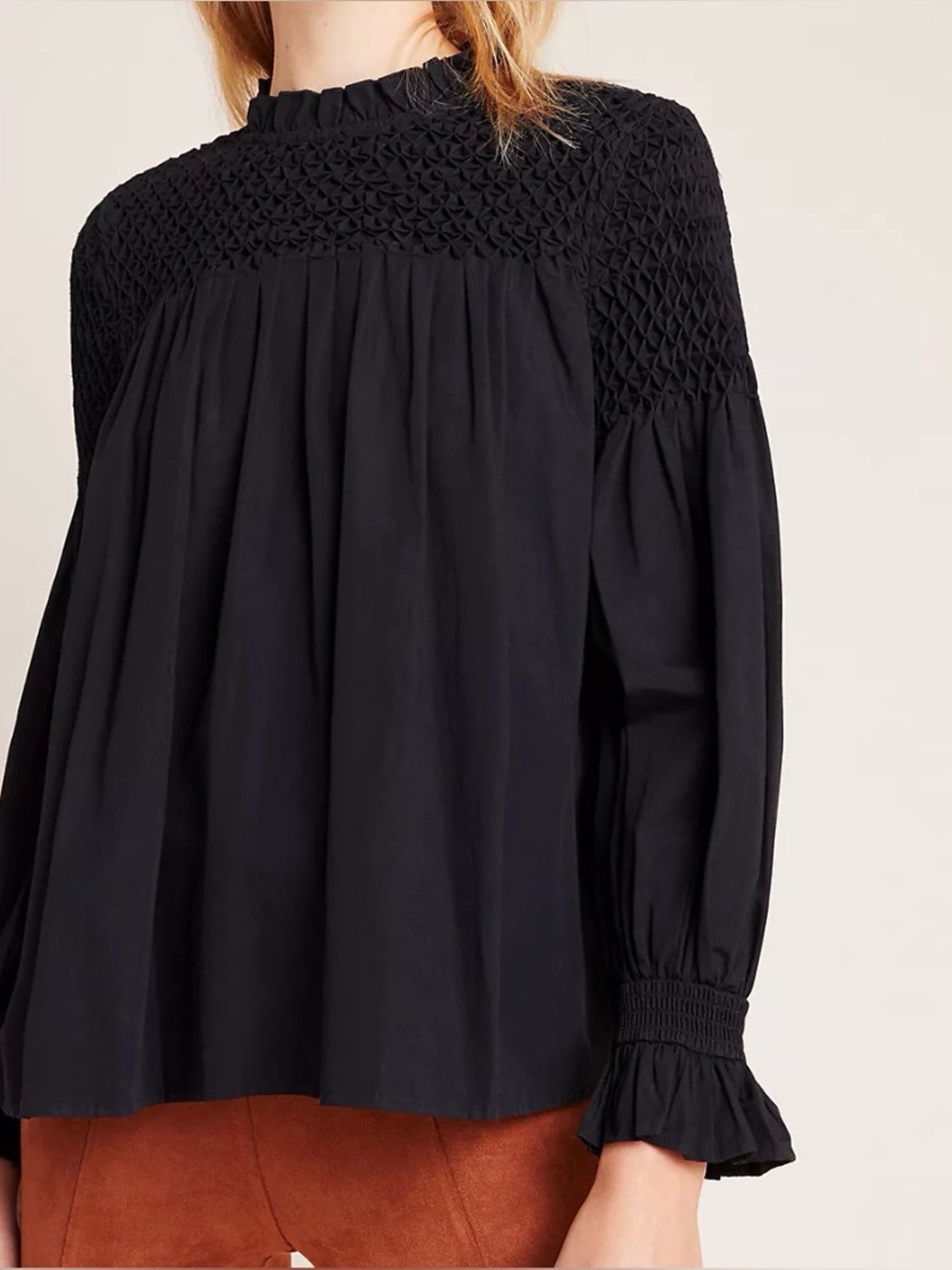 Maeve Anthropologie Black Smocked Puff Sleeve Blouse Size 4 NWOT